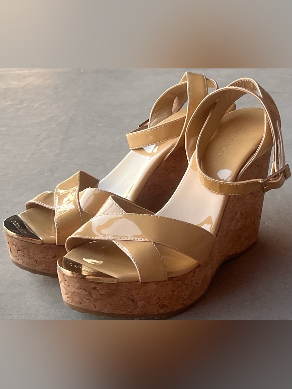 Jimmy Choo Papyrus Cork Platform Wedge Sandals Nude Patent Leather EU 38